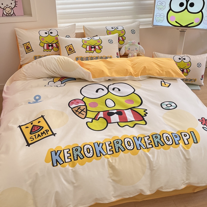 91家纺网 家纺一手货源 找家纺 金爱家 2025新款纯棉数码印花大阪三丽鸥四件套 假期快乐