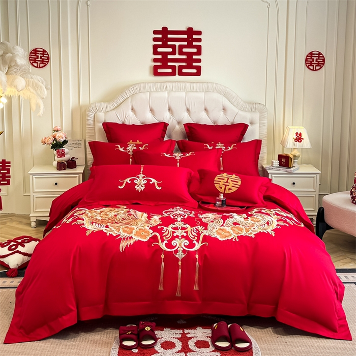 91家纺网 家纺一手货源 找家纺 欧乐蒂 2025新款亲肤棉刺绣婚庆四件套 龙凤爱恋