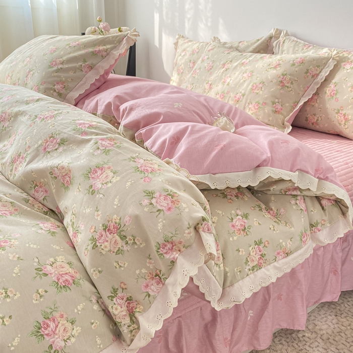 91家纺网 家纺一手货源 找家纺 梦可莱家居 2025新款全棉韩版蕾丝边床盖四件套 玫瑰