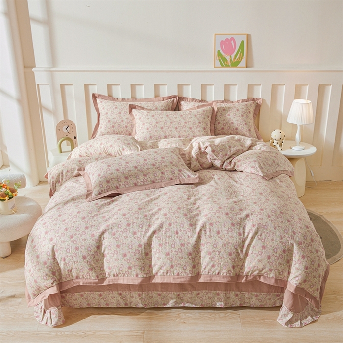 91家纺网 家纺一手货源 找家纺 缦彩 【加微信送买家秀】2025新款母婴级双层纱宽边床单四件套 怦然心动