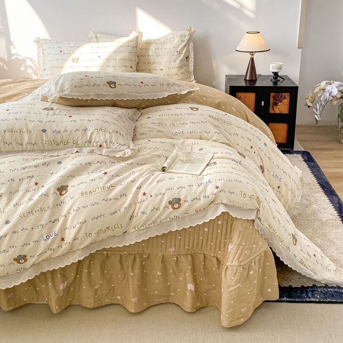 91家纺网 家纺一手货源 找家纺 梦可莱家居 2025新款全棉韩版蕾丝边床盖四件套 音乐熊