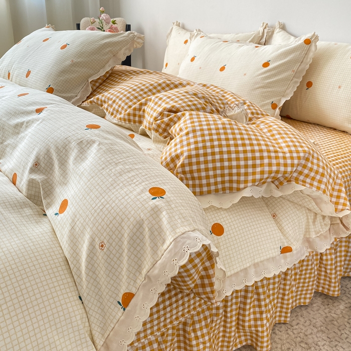 91家纺网 家纺一手货源 找家纺 梦可莱家居 2025新款全棉韩版蕾丝边床盖四件套 甜橙