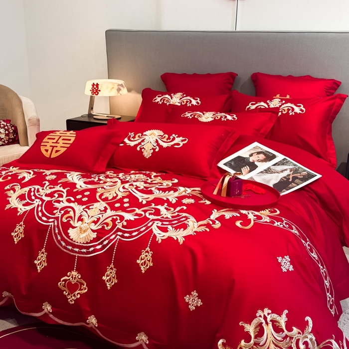 91家纺网 家纺一手货源 找家纺 欧乐蒂 2025新款欧式亲肤棉婚庆四件套 巴洛克-红