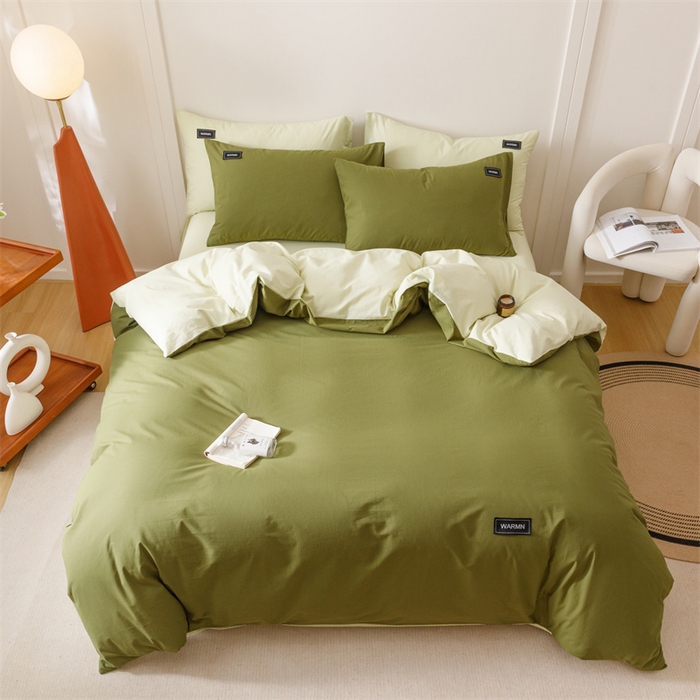 91家纺网 家纺一手货源 找家纺 趣色家纺 2025新款全棉双拼纯色四件套 草绿+抹茶