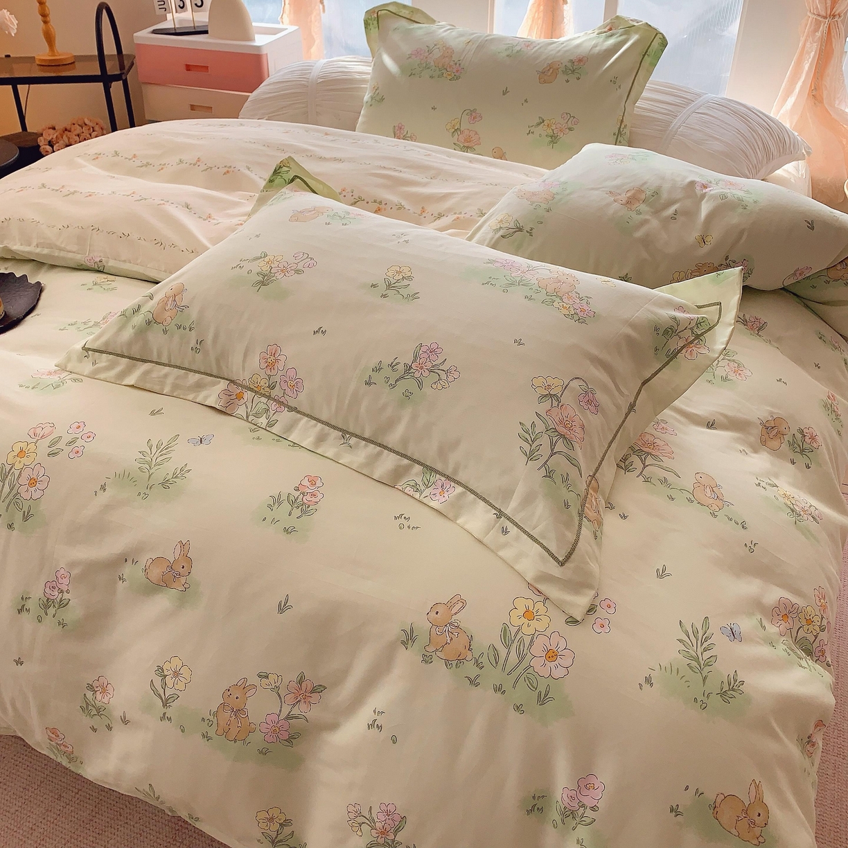 91家纺网 家纺一手货源 找家纺 奈萝家纺 2025新款亲肤小清新全棉四件套 花小兔