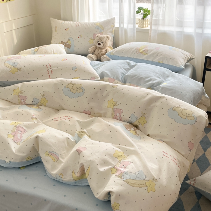 91家纺网 家纺一手货源 找家纺 吉象家纺 2025新款高支密全棉印花四件套12868跑量款 晚安小熊