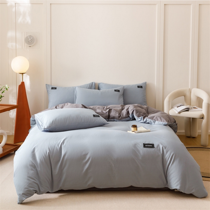 91家纺网 家纺一手货源 找家纺 趣色家纺 2025新款全棉双拼纯色四件套 雾霾蓝+浅灰