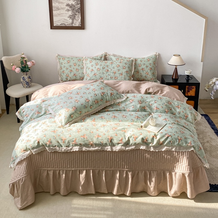 91家纺网 家纺一手货源 找家纺 梦可莱家居 2025新款全棉韩版蕾丝边床盖四件套 玫小姐