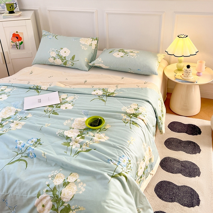 91家纺网 家纺一手货源 找家纺 尊妙被业 2025新款里外全棉印花棉花被纯棉夏被夏凉被全棉棉花夏凉被含苞初放-绿