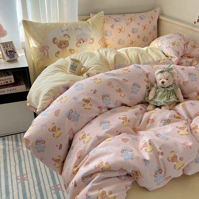 91家纺网 家纺一手货源 找家纺 丽涵 2025新款全棉13372小清新印花四件套 幸运小熊熊