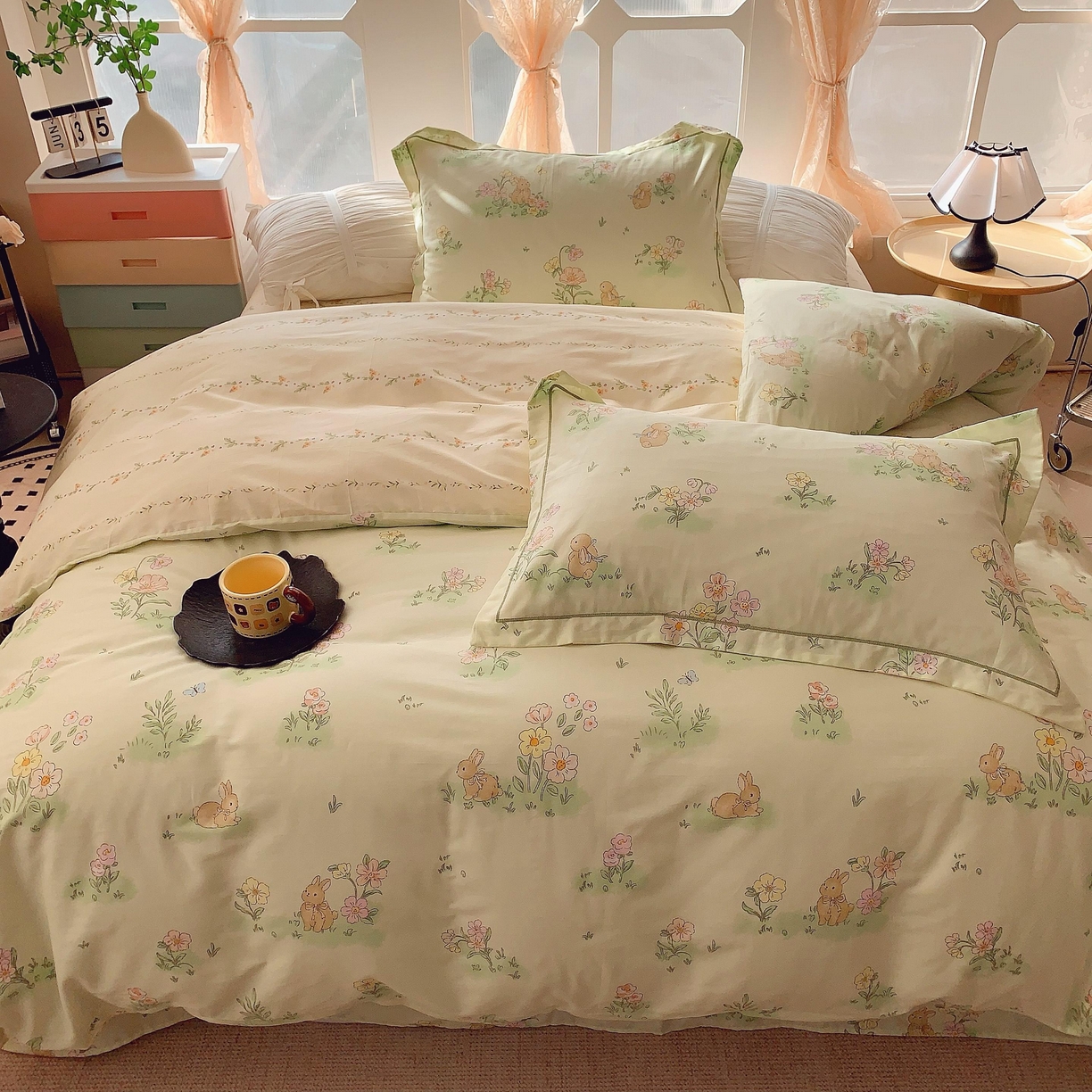 91家纺网 家纺一手货源 找家纺 奈萝家纺 2025新款亲肤小清新全棉四件套 花小兔