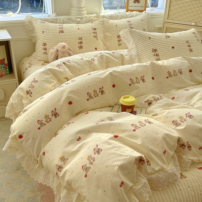 91家纺网 家纺一手货源 找家纺 美梦家纺 2025新款A类全棉13372花边床盖四件套-白边 白边-小美满