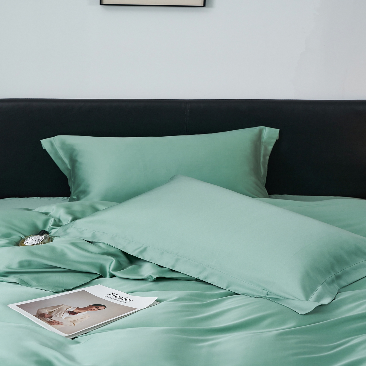 91家纺网 家纺一手货源 找家纺 顾家家居 2025新款纯色兰精天丝四件套 碧荷绿