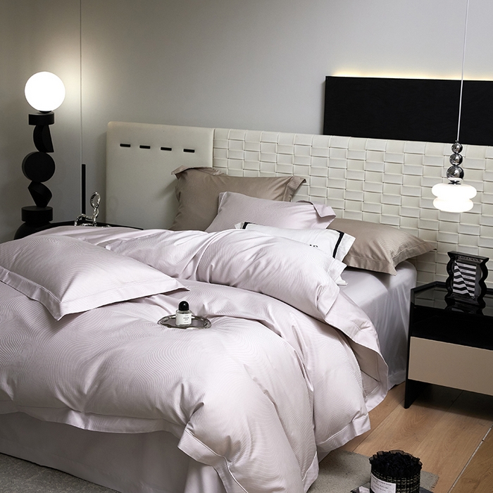 91家纺网 家纺一手货源 找家纺 榻尚家居 2025新款长绒棉贡缎提花手工立体埋绳工艺四件套礼盒包装 夜光曲（天空灰）