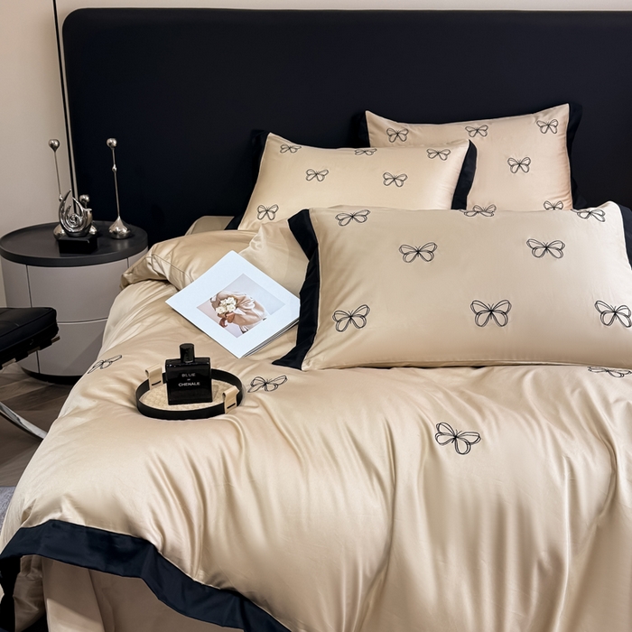 91家纺网 家纺一手货源 找家纺 KA家纺2025春夏新款全棉绣花四件套 雨蝶系列 雨蝶香槟