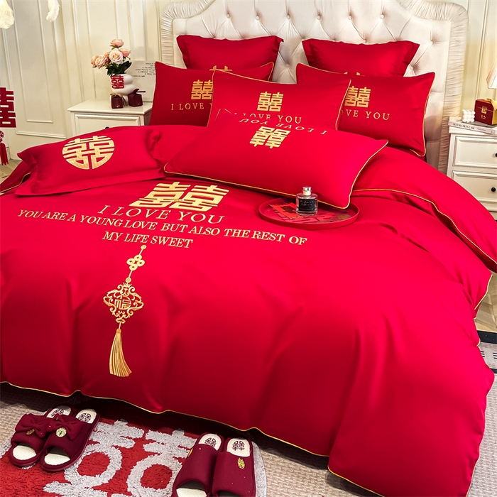 91家纺网 家纺一手货源 找家纺 欧乐蒂 2025新款亲肤棉刺绣婚庆四件套 今生今世