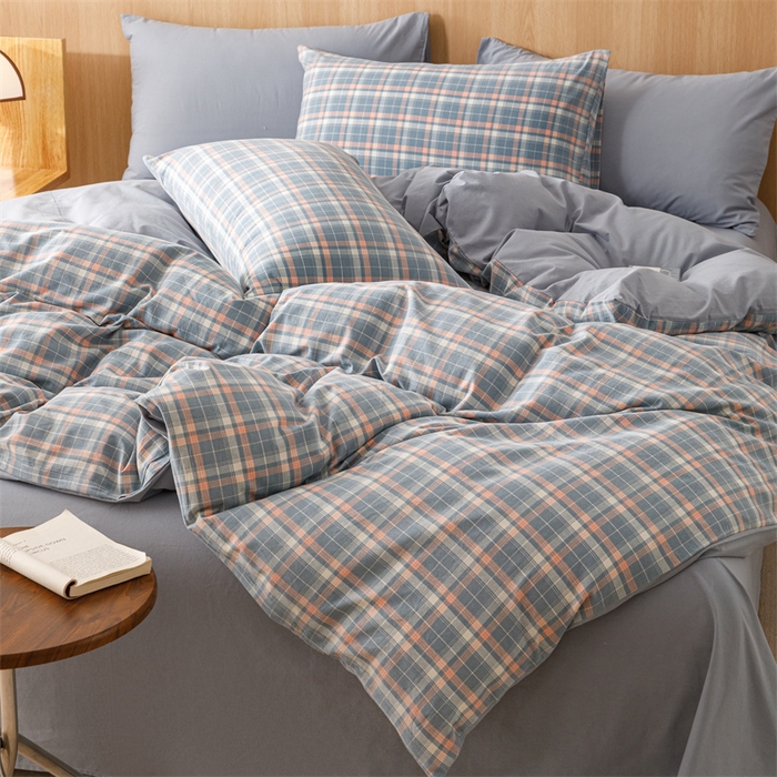 91家纺网 家纺一手货源 找家纺 趣色家纺 2025新款全棉色织水洗棉四件套 初晴蓝