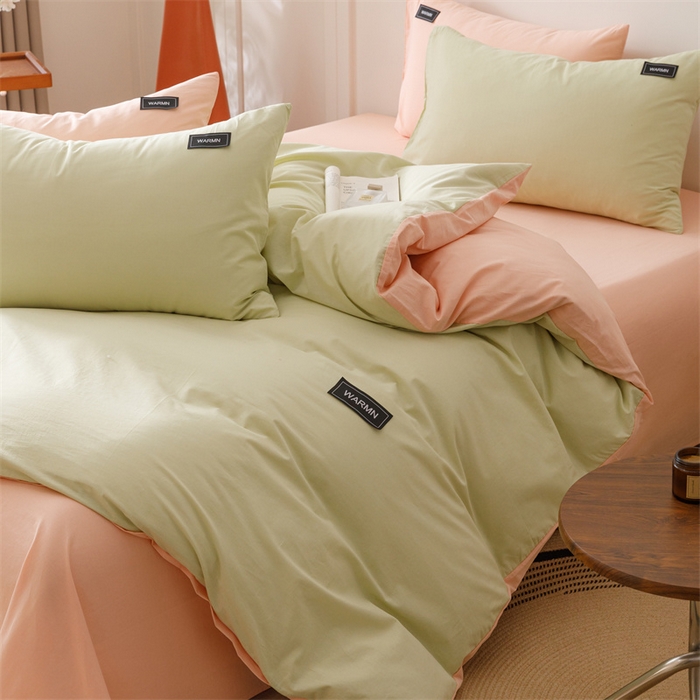 91家纺网 家纺一手货源 找家纺 趣色家纺 2025新款全棉双拼纯色四件套 抹茶+浅粉