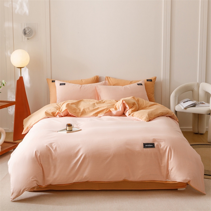 91家纺网 家纺一手货源 找家纺 趣色家纺 2025新款全棉双拼纯色四件套 浅粉+焦糖