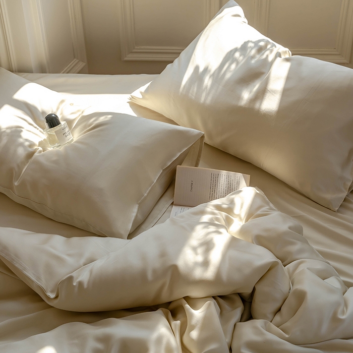 91家纺网 家纺一手货源 找家纺  沐晴家纺 2025春夏新款纯色兰精天丝四件套双拼单被套单床笠床单枕套 极地白