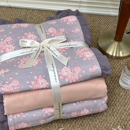 91家纺网 家纺一手货源 找家纺 （总）荣轩 2024新款全棉印花双层纱四件套 皱皱纱花边款