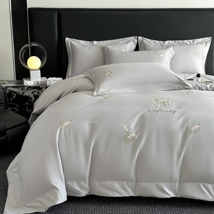 新方向2025新款全棉长绒棉刺绣四件套-铃兰物语 铃兰物语-爵士灰