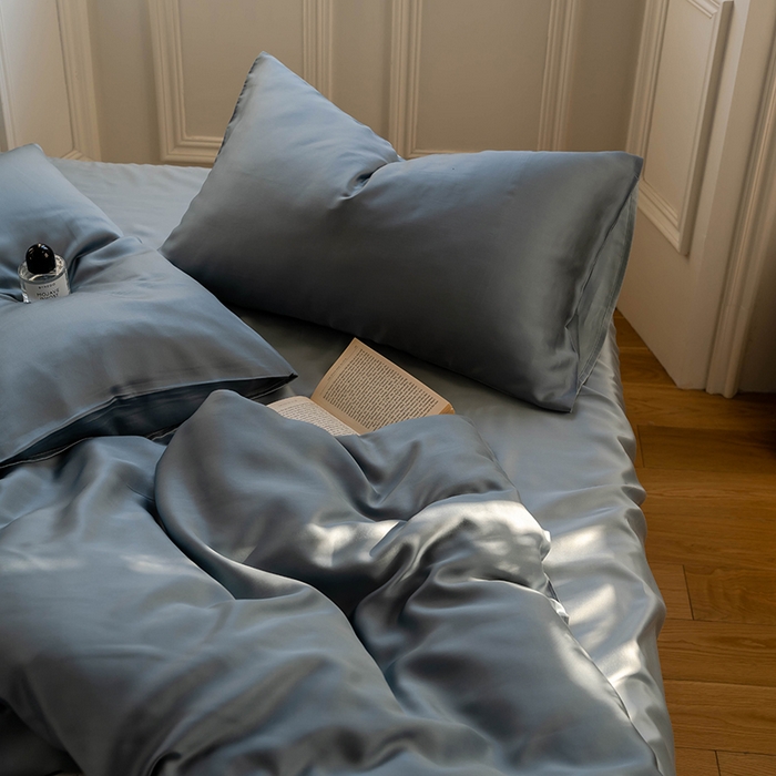 91家纺网 家纺一手货源 找家纺  沐晴家纺 2025春夏新款纯色兰精天丝四件套双拼单被套单床笠床单枕套 灰蓝色-冰川灰