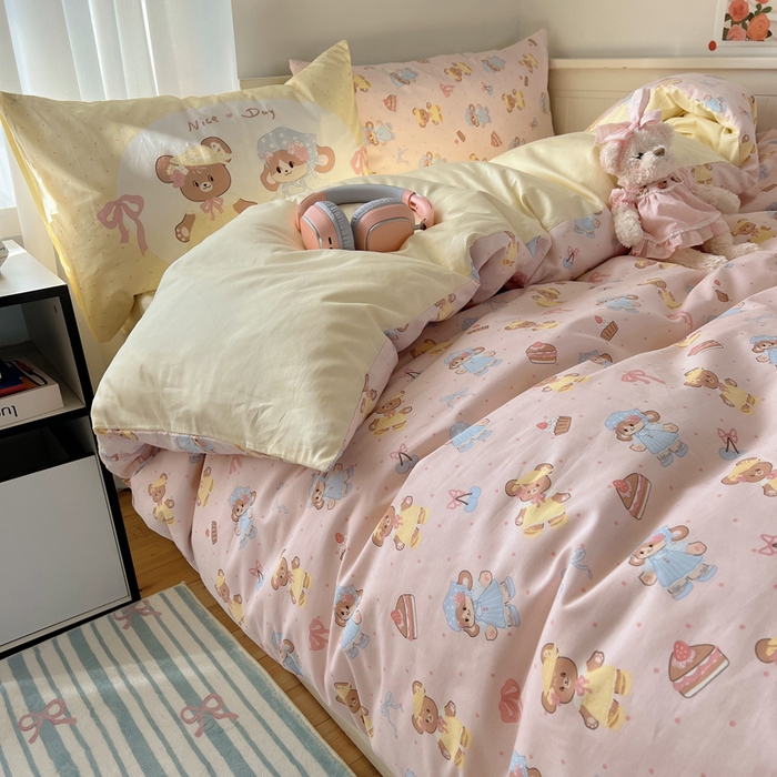 91家纺网 家纺一手货源 找家纺 丽涵 2025新款全棉13372小清新印花四件套 幸运小熊熊