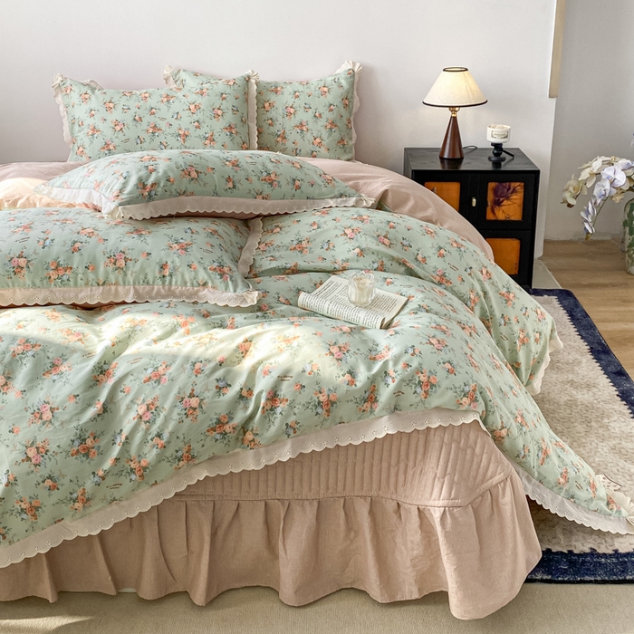 91家纺网 家纺一手货源 找家纺 梦可莱家居 2025新款全棉韩版蕾丝边床盖四件套 玫小姐