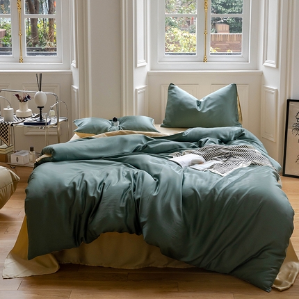  沐晴家纺 2025春夏新款纯色兰精天丝四件套双拼单被套单床笠床单枕套 天青色-香槟金