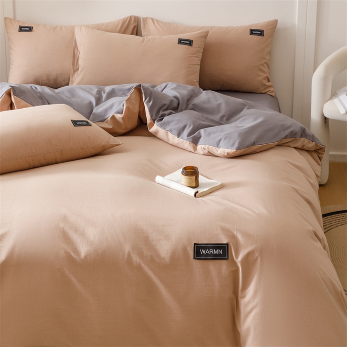 91家纺网 家纺一手货源 找家纺 趣色家纺 2025新款全棉双拼纯色四件套 卡其+浅灰