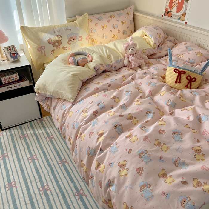 91家纺网 家纺一手货源 找家纺 丽涵 2025新款全棉13372小清新印花四件套 幸运小熊熊