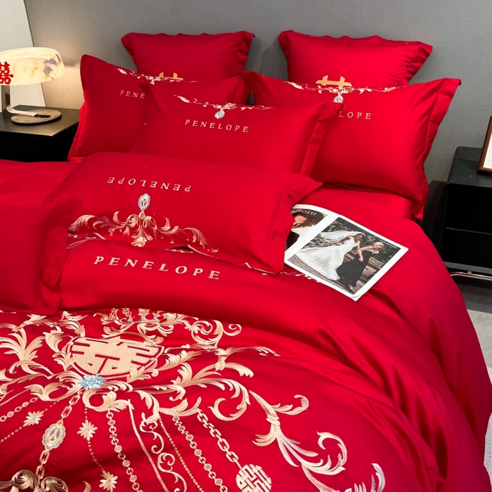 91家纺网 家纺一手货源 找家纺 欧乐蒂 2025新款欧式亲肤棉婚庆四件套 布拉格-红