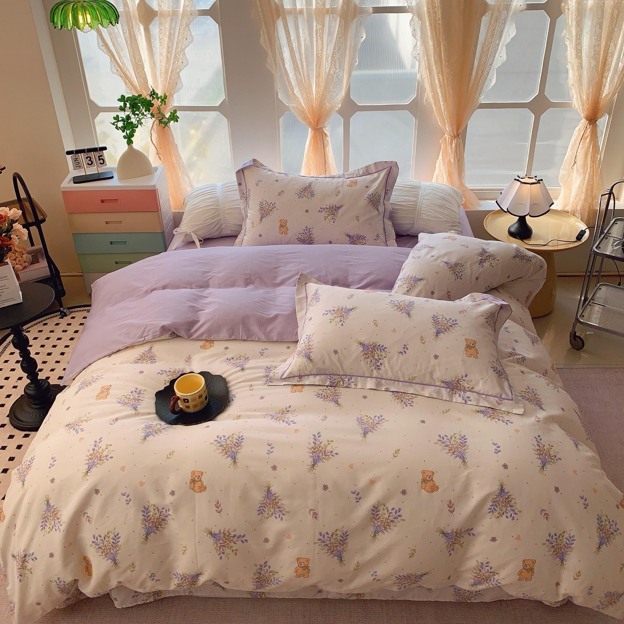 91家纺网 家纺一手货源 找家纺 奈萝家纺 2025新款亲肤小清新全棉四件套 松松熊米