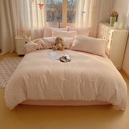 雅居纺家纺 2025新款全棉贝壳边双层纱四件套 甜美豹纹