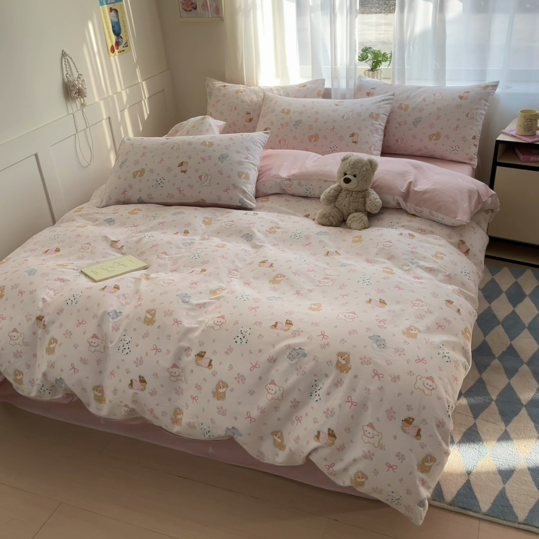 91家纺网 家纺一手货源 找家纺 吉象家纺 2025新款高支密全棉印花四件套12868跑量款 碎花狗狗