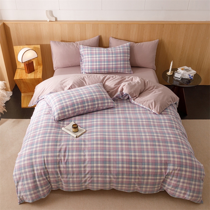 91家纺网 家纺一手货源 找家纺 趣色家纺 2025新款全棉色织水洗棉四件套 丁香格