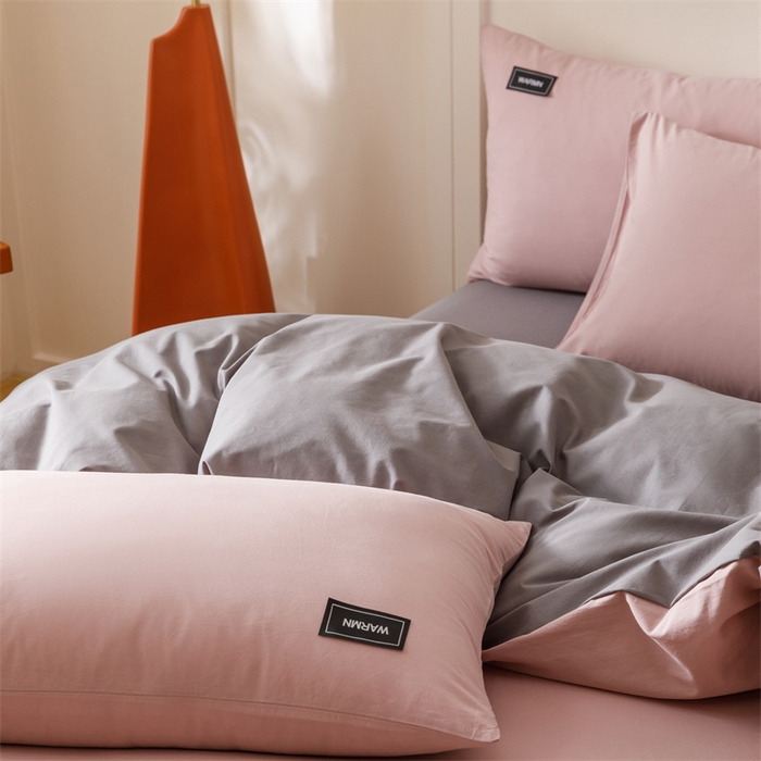 91家纺网 家纺一手货源 找家纺 趣色家纺 2025新款全棉双拼纯色四件套 香芋+浅灰