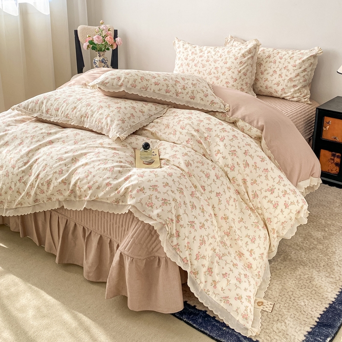 91家纺网 家纺一手货源 找家纺 梦可莱家居 2025新款全棉韩版蕾丝边床盖四件套 美可可