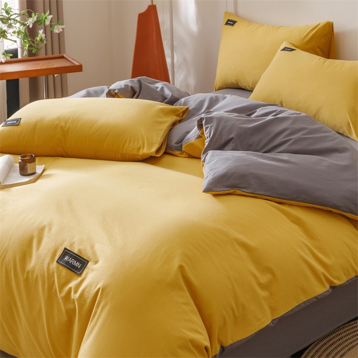 91家纺网 家纺一手货源 找家纺 趣色家纺 2025新款全棉双拼纯色四件套 米黄+深灰