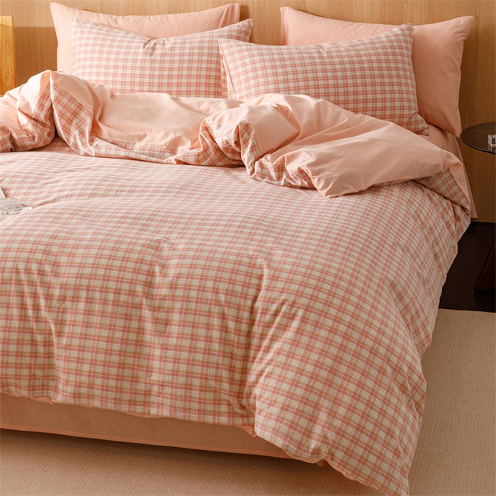 91家纺网 家纺一手货源 找家纺 趣色家纺 2025新款全棉色织水洗棉四件套 恩格尔粉