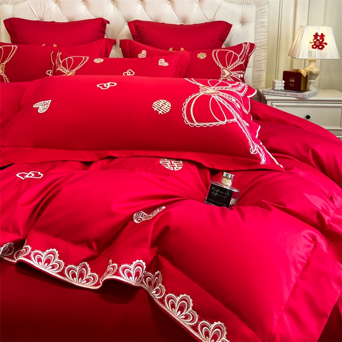 91家纺网 家纺一手货源 找家纺 欧乐蒂 2025新款亲肤棉刺绣婚庆四件套 一见倾心