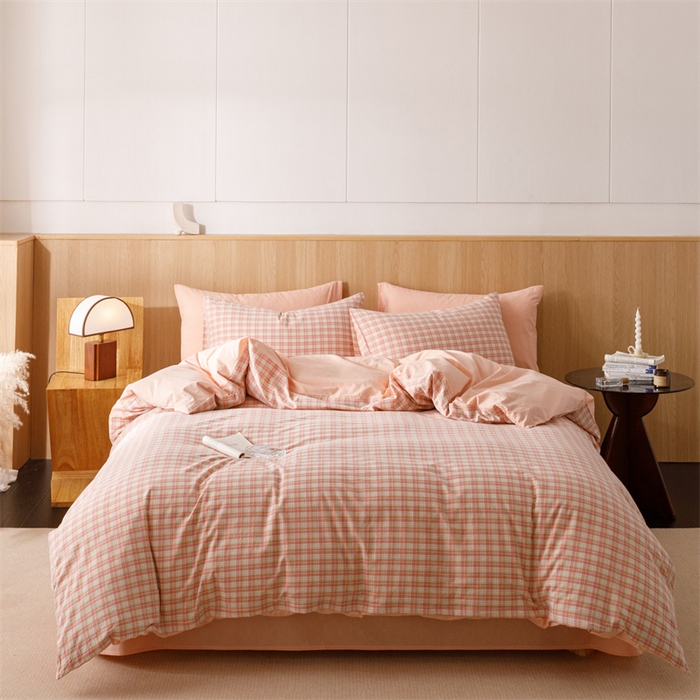 91家纺网 家纺一手货源 找家纺 趣色家纺 2025新款全棉色织水洗棉四件套 恩格尔粉