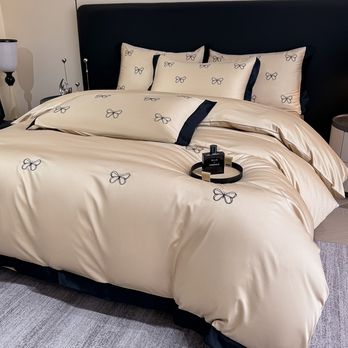 91家纺网 家纺一手货源 找家纺 KA家纺2025春夏新款全棉绣花四件套 雨蝶系列 雨蝶香槟