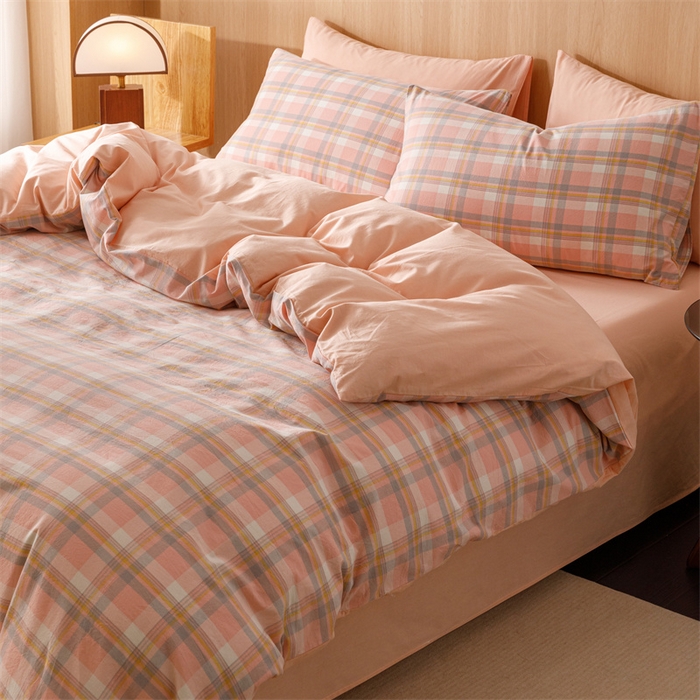 91家纺网 家纺一手货源 找家纺 趣色家纺 2025新款全棉色织水洗棉四件套 简兮粉