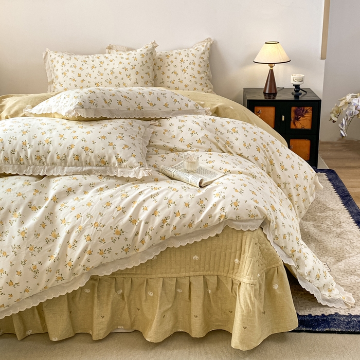 91家纺网 家纺一手货源 找家纺 梦可莱家居 2025新款全棉韩版蕾丝边床盖四件套 花儿