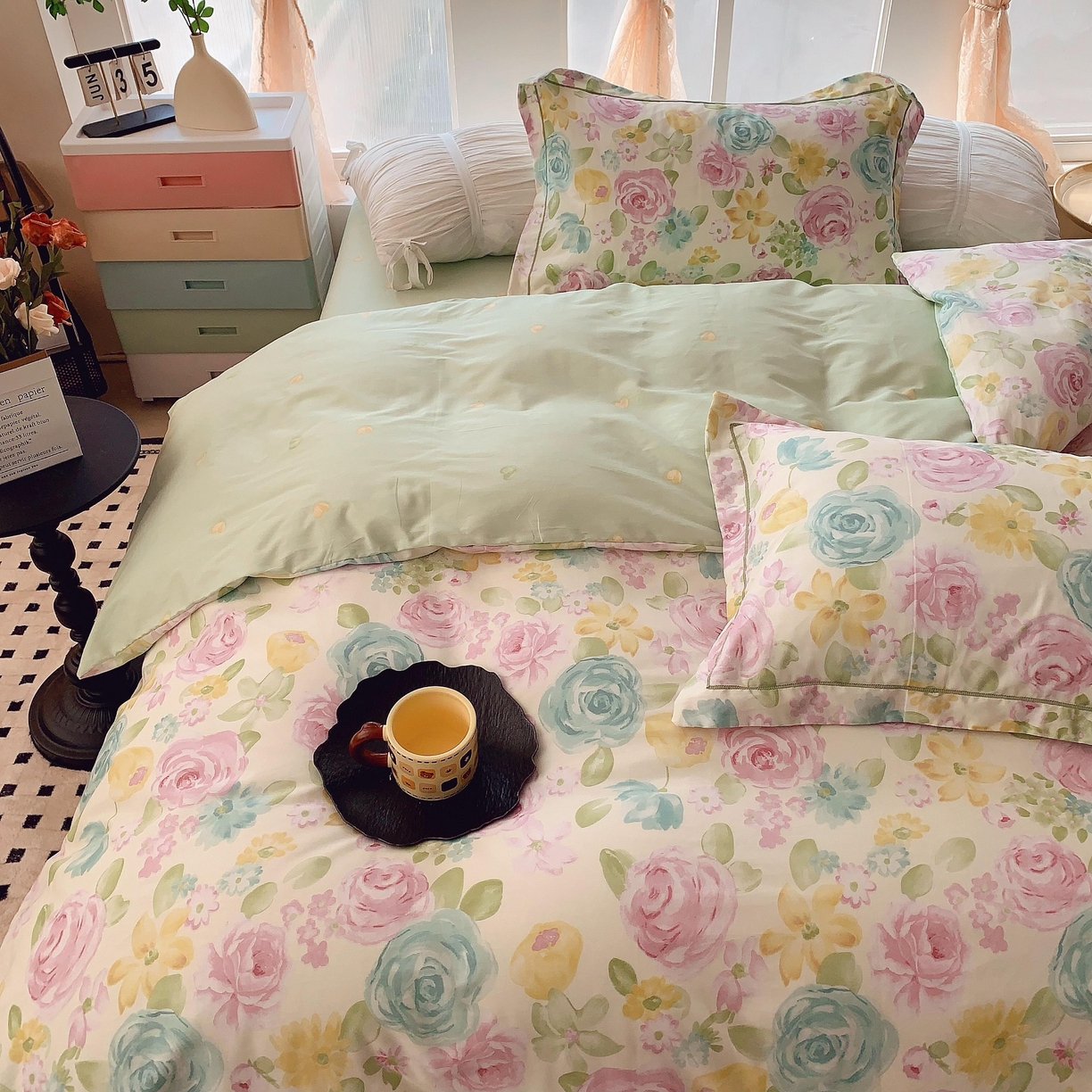 91家纺网 家纺一手货源 找家纺 奈萝家纺 2025新款亲肤小清新全棉四件套 油画玫瑰