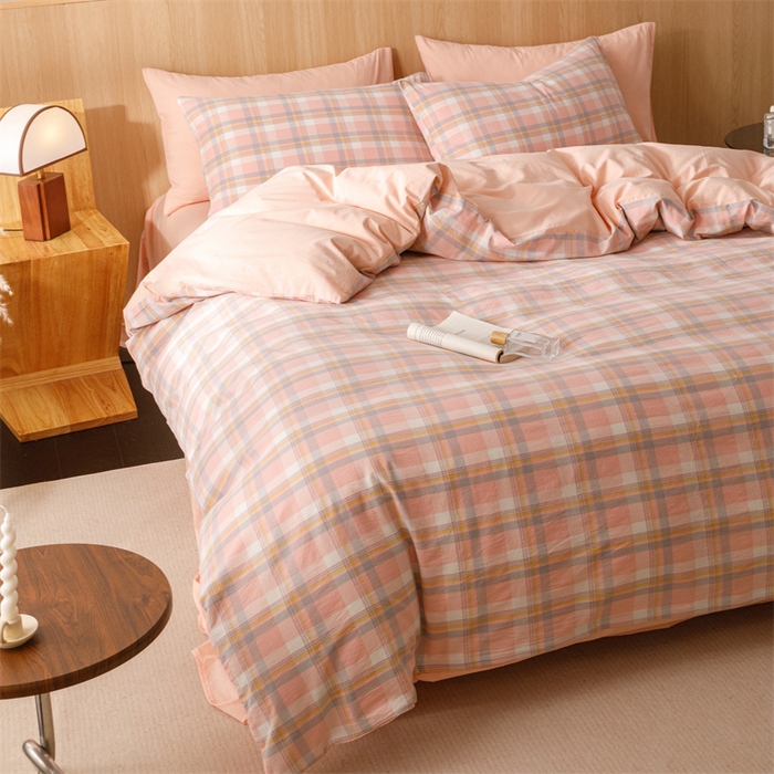 91家纺网 家纺一手货源 找家纺 趣色家纺 2025新款全棉色织水洗棉四件套 简兮粉