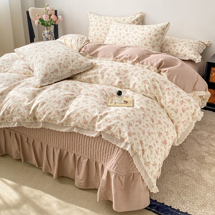 91家纺网 家纺一手货源 找家纺 梦可莱家居 2025新款全棉韩版蕾丝边床盖四件套 美可可