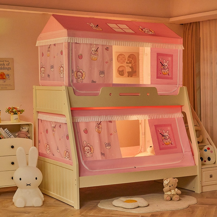 91家纺网 家纺一手货源 找家纺 迪凡保罗蚊帐 2025新款2504专版印花遮光帘上下铺子母蚊帐-城堡款 粉红兔兔